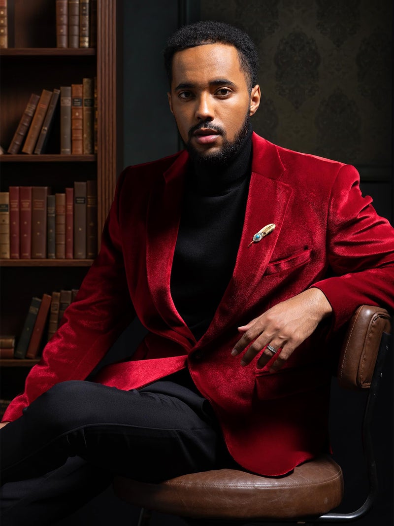 WEEN CHARM Velvet Blazer for Men Slim Fit One Button Sport Coat Tuxedo Jacket for Prom Wedding Party Dinner Red - Image 2